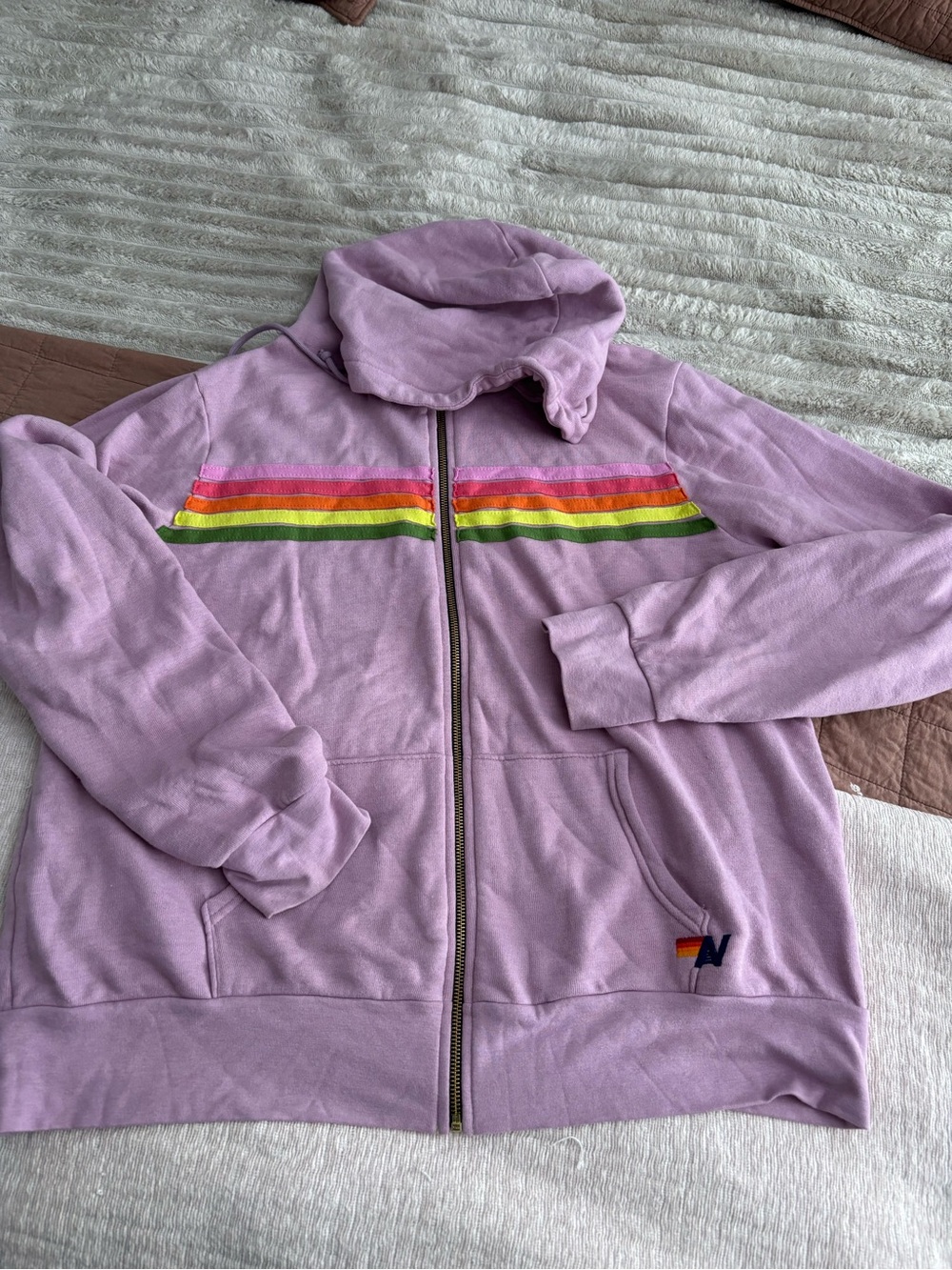 Lavender Zip-Up Hoodie with Rainbow Stripes XL